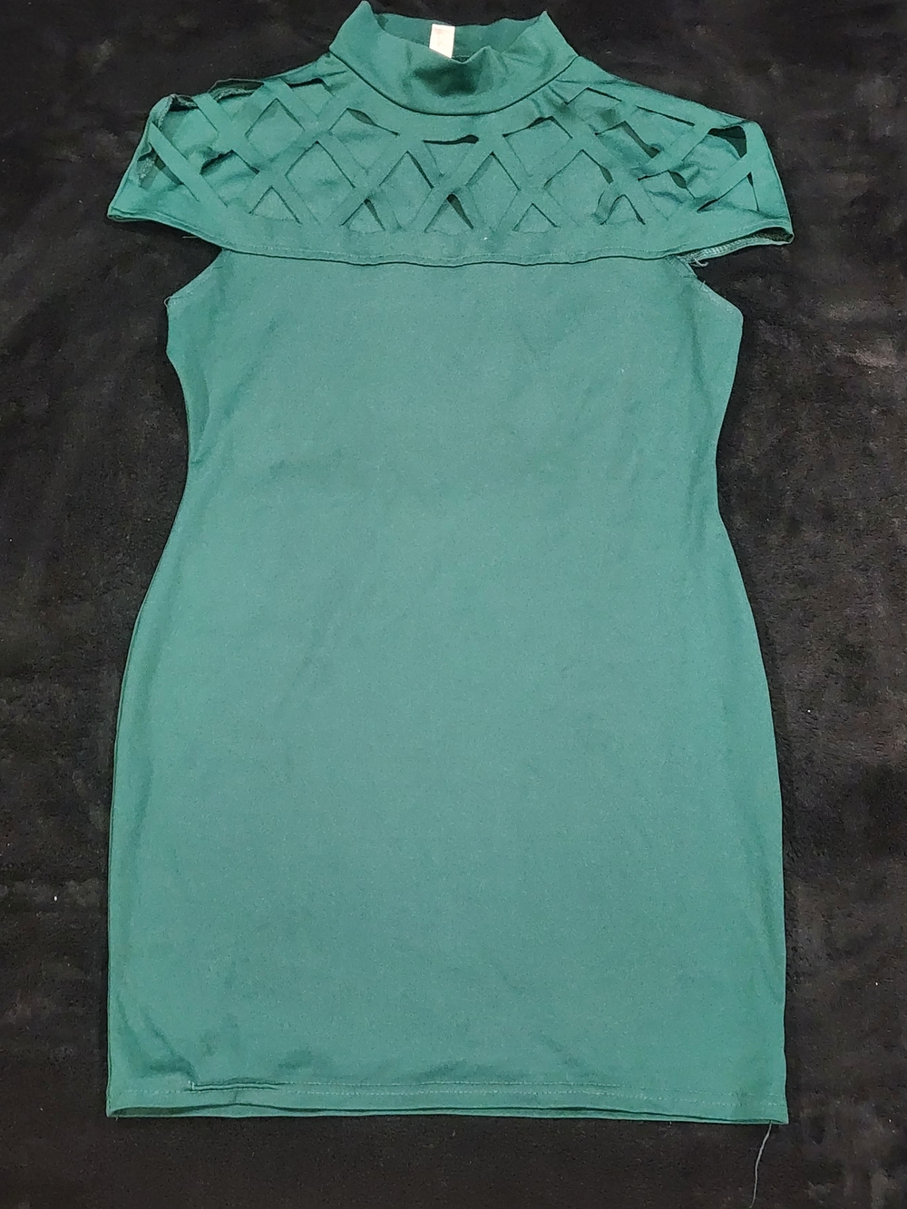 Mock Neck Green Mini Dress with Lattice Yoke